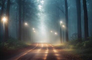 Foggy dark road in the forest - obrazy, fototapety, plakaty