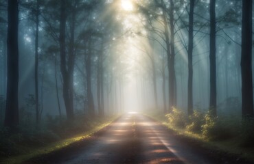 Foggy dark road in the forest