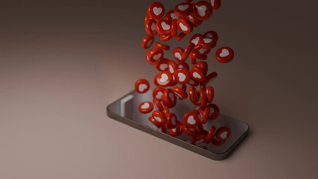 3D heart icons flying out of a mock-up smartphone.
