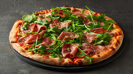 Pizza with smoked ham and rucola.