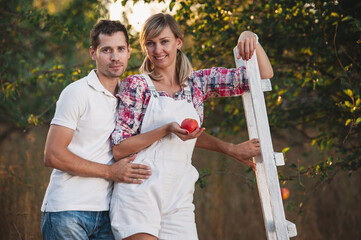 Happy Smiling Couple Relaxing on the Grass and Eating Apples in Autumn Garden.Healthy Food.Outdoor.Park.Basket of Apples.Harvest concept. A woman seduces a man with an apple, biblical story