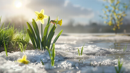 Spring flowers daffodils blooming in the snow, flowers appearing from under the snow
