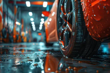 Fotobehang Car care maintenance and servicing, Tires in the auto repair service center, customer of a tire dealer, repairing change spare part problem and insurance service support the range of car check. © 2D_Jungle