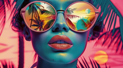 features a stylized portrait of a woman with an emphasis on vibrant tropical elements. The woman is wearing large, round sunglasses that reflect an idyllic beach scene with palm tree