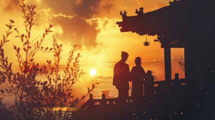 Asian family silhouette during beautiful sunrise