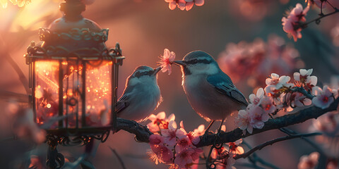 Cute birds sitting on a cherry tree, - obrazy, fototapety, plakaty