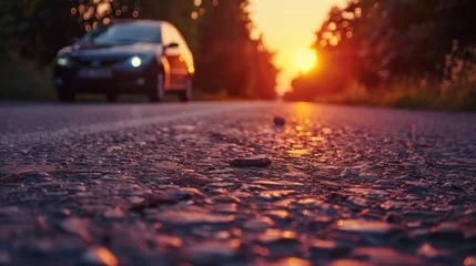 Papier Peint photo Brun asphalt road at sunset with blur car