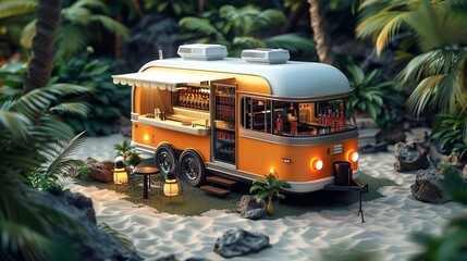 A vintage camper trailer with a kitchen inside is parked in a lush jungle setting.