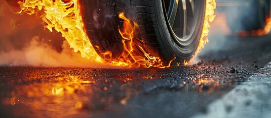 A detailed view of a car engulfed in flames, with thick smoke billowing out. The flames are intense and consuming the vehicle, leaving burned marks on the asphalt road.
