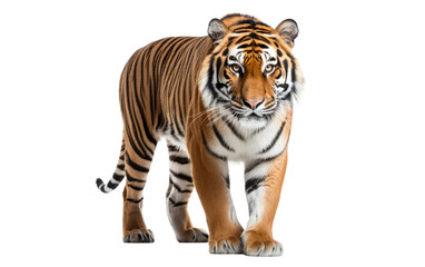 Obraz premium Large Tiger Walking. A powerful and majestic tiger is walking across large size and striking orange and black stripes. on a White or Clear Surface PNG Transparent Background.