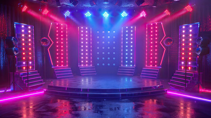 Classic Game Show Set with Bright Lights and Contestant Seating. Concept of Nostalgia, Fun, and Entertainment - obrazy, fototapety, plakaty