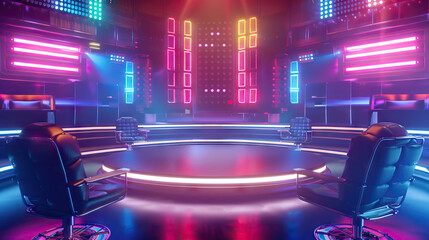 Classic Game Show Set with Bright Lights and Contestant Seating. Concept of Nostalgia, Fun, and Entertainment - obrazy, fototapety, plakaty