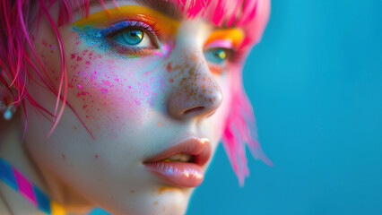 Portrait of a woman with pink hair, creative bright coloring. Bright colored highlights and shadows on the face. Youth makeup.
