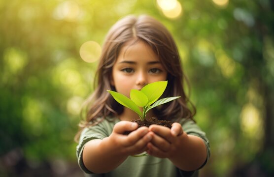 Girl protecting a plant with her hands. Earth awareness