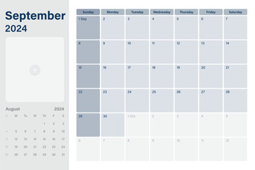 September 2024 calendar desk planner with space for your picture, weeks start on Sunday,  simple white and gray theme, vector design