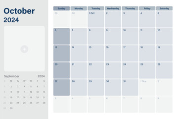 October 2024 calendar desk planner with space for your picture, weeks start on Sunday,  simple white and gray theme, vector design