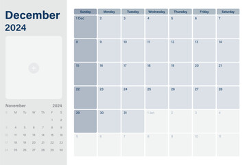 December 2024 calendar desk planner with space for your picture, weeks start on Sunday,  simple white and gray theme, vector design
