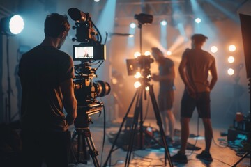 Fototapeta premium Film crew team with light man and cameraman working together with director in big studio, video production behind the scenes making of TV commercial movie