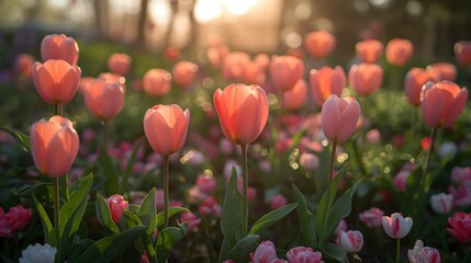 Obraz premium Radiant Tulip Garden at Sunset - Spring's Warm Embrace 