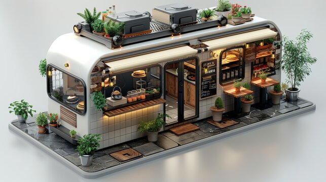 A food truck painted white with a green roof and plants on top. It has a seating area outside with 3 tables and a menu on the wall.