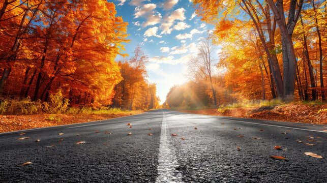 Autumn Fall Road landscape - Real trees tunnel, beautiful autumnal colors, sunny day