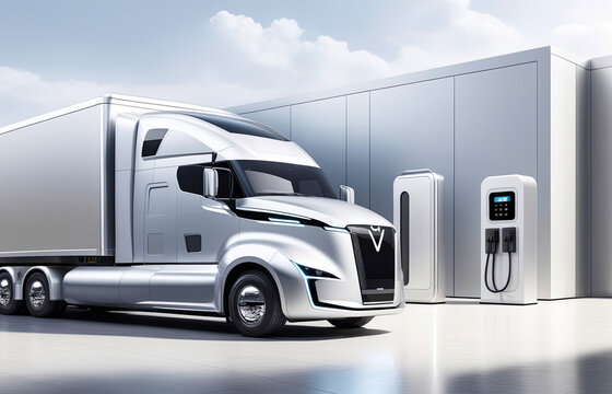 Futuristic electric truck charges battery. Green mobility and sustainability environment concept.