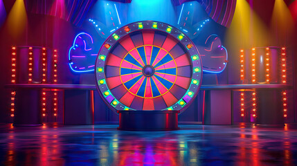 Colorful Game Show Wheel with Contestant Stands and Host Desk. Concept of Spinning Wheel, Prizes, and Entertainment - obrazy, fototapety, plakaty