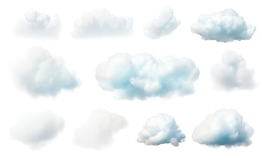 Clusters of Cumulus Clouds Drifting in the Sky. A collection of fluffy white cumulus clouds floating through the sky. on a White or Clear Surface PNG Transparent Background.