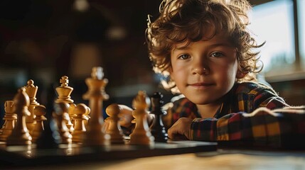 Intelligent young boy engrossed in a game of chess indoors. Smart child showcasing strategic thinking and concentration in a learning environment