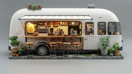 A food truck painted white with a green roof and plants on top. It has a seating area outside with 3 tables and a menu on the wall. - obrazy, fototapety, plakaty