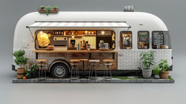 A food truck painted white with a green roof and plants on top. It has a seating area outside with 3 tables and a menu on the wall.
