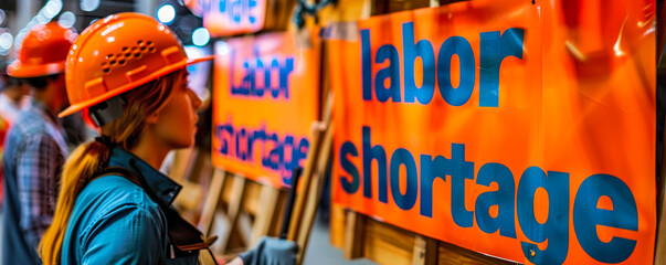 Bold graphic design highlighting the pressing issue of labor shortage with stark contrast and dynamic lines, indicative of economic challenges and employment crisis