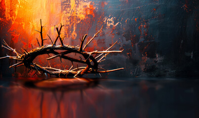 Conceptual representation of Good Friday with a poignant crown of thorns, signifying sacrifice and reflection, set against a dark, solemn background