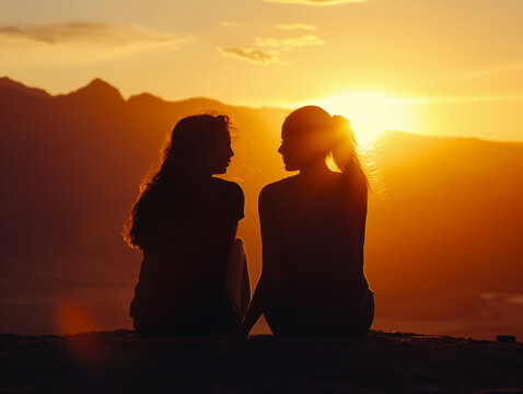 AI generated image of two happy girls watching beautiful mountain view during sunset. Mountain love: Silhouetted lesbian couple in affectionate embrace against sunset backdrop