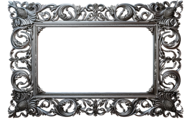 Ornate Silver Frame. The frame features intricate designs and details, adding a touch of elegance to any space. on a White or Clear Surface PNG Transparent Background.