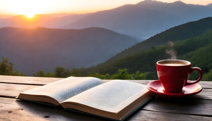 start the day with a book and coffee during sunrise, symbolizing the beginning of a new day filled with learning possibilities - obrazy, fototapety, plakaty