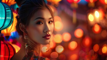 Beautiful Asian woman with Chinese lanterns on the background.