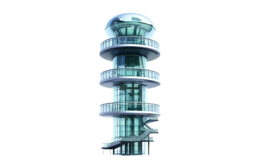 Tall Building. A tall building stands imposingly in the background with a spiral staircase prominently placed in the foreground. on a White or Clear Surface PNG Transparent Background.