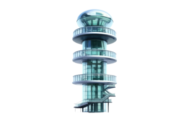 Tall Building. A tall building stands imposingly in the background with a spiral staircase prominently placed in the foreground. on a White or Clear Surface PNG Transparent Background.