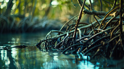 Detailed Shot of Mangrove Roots in the Florida Everglades, Displaying Root Structures. Concept of wetland ecosystems, mangrove forests, and coastal habitats - obrazy, fototapety, plakaty