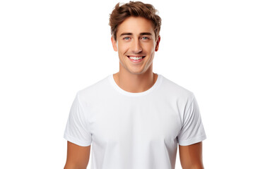 Obraz premium A man wearing a white t shirt is smiling directly at the camera. His expression is cheerful and genuine, exuding a sense of joy and happiness. on a White or Clear Surface PNG Transparent Background.