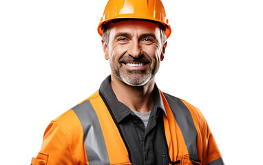 Construction Worker Wearing Hard Hat and Safety Vest. A man is depicted in the photo wearing a hard hat and a safety vest. on a White or Clear Surface PNG Transparent Background.