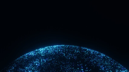 Glowing light blue particles in shape of sci-fi sphere closeup on black background 8K 16:9. Hi-tech 3D Moon ball, planet Earth. Cyber technology, satellite Internet, business connection, digital era