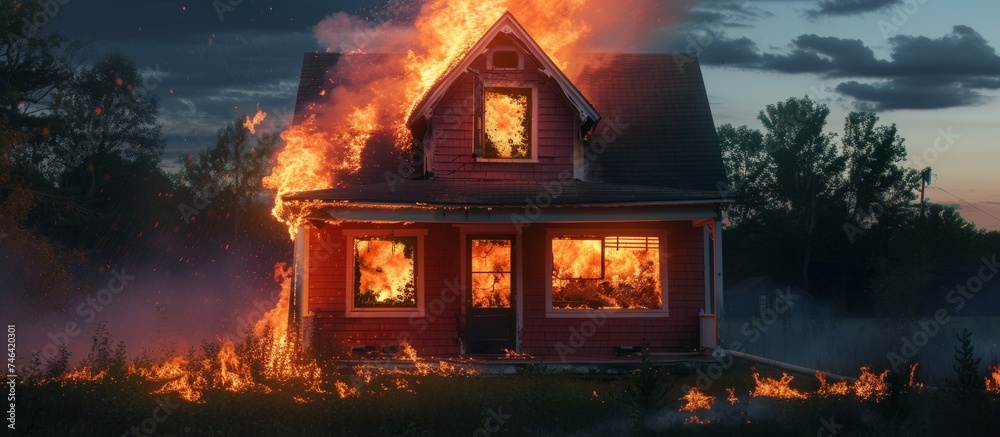 Wall mural Dramatic house engulfed in flames with billowing smoke and blazing fire at night