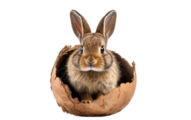 Obraz premium Rabbit Inside of an Egg Shell. The rabbit fluffy fur contrasts with the smooth, delicate egg shell. on a White or Clear Surface PNG Transparent Background.