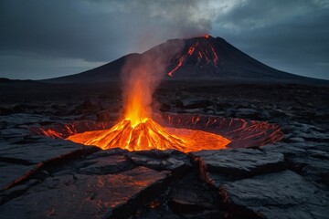 Raging magma erupting from the earth, with a massive volcano in the background - obrazy, fototapety, plakaty