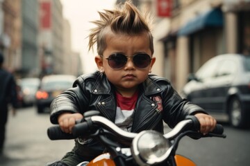 portrait of a rock stylish child on a motorcycle