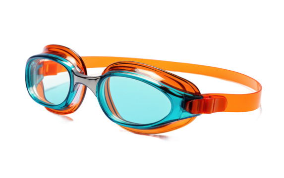 Swimming Goggles. A pair of swimming goggles are sleek and modern in design, perfect for protecting the eyes while swimming in pools. on a White or Clear Surface PNG Transparent Background.