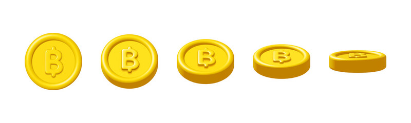 3d gold bitcoin or thai baht coins rotate isolated on white background. Design element illustration PNG.