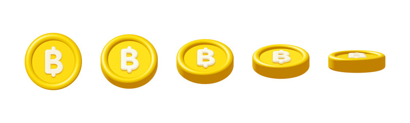 3d gold bitcoin or thai baht coins rotate isolated on white background. Design element illustration PNG.